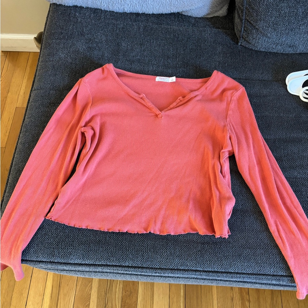 Hanes Pink Ribbed Long Sleeve Crop Blouse